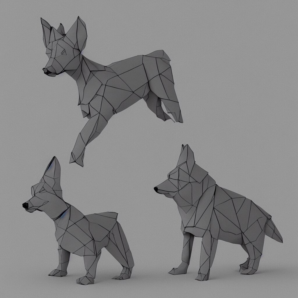 3 d rendering of japanese paper origami of simplified shape of german shepherd, 2 d image 