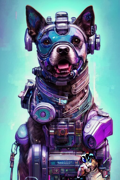 a beautiful portrait of a cute cyberpunk dog by sandra chevrier and greg rutkowski and wlop, purple blue color scheme, high key lighting, volumetric light, digital art, highly detailed, fine detail, intricate, ornate, complex, octane render, unreal engine, photorealistic 