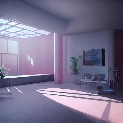 a white empty pink office with sun rays looming down, with a pool inside, dynamic lighting, photorealistic concept art, trending on art station, stunning visuals, creative, cinematic, ultra detailed, ray tracing 