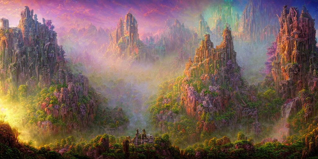 intricate detailed misty valley of ruins fantasy at dawn. Lisa Frank, james gurney,dan luvisi,Petros Afshar,tim hildebrandt,liam wong,Mark Riddick,thomas kinkade,ernst haeckel,dan mumford,trending on artstation,josephine wall, WLOP ,cgsociety by Gediminas Pranckevicius, trending on cgsociety and DeviantArt