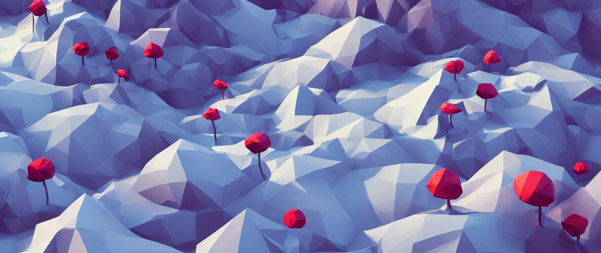 3 d render, mountain landscape, digital art, low poly art, minimalist, poppy, journey game, lowpoly landscape, particles floating, unreal engine, dreamy, brush strokes, bounce light, sunny, complementary palette, redsinski 