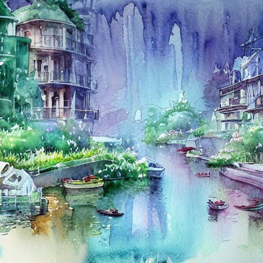 Beautiful happy picturesque charming sci-fi town in harmony with nature. Beautiful light. Water and plants. Nice colour scheme, soft warm colour. Beautiful detailed artistic watercolor by Vincent. (2022)