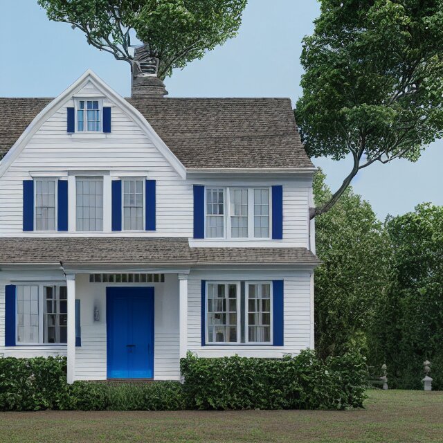 modern new england colonial house with a round blue door, brick cape house, realistic, unreal engine render, octane render, hyper realistic, photo, 8 k 