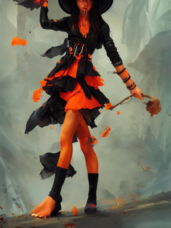 Full shot of a cute mischievous young witch about to get up to some trouble. Latin inspired fashion. Black and Orange palette. By Ruan Jia and Artgerm and Range Murata and WLOP and CLAMP. Key Art. Fantasy Illustration. award winning, Artstation, intricate details, realistic, Hyperdetailed, 8k resolution.