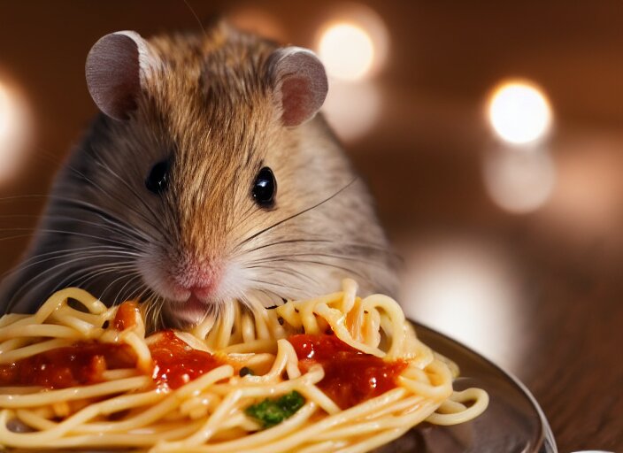 photo of a hamster eating spaghetti, at night, candlelit restaurant table, various poses, unedited, soft light, centered, sharp focus, 8 k 