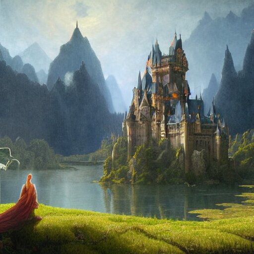 beautiful matte art of a big castle in a serene landscape, a knight riding a dragon, by albert bierstadt, green grass, highly detailed, crystal lighting, mystical, forest, hyperrealistic, 4 k, unreal engine, magical, by joe fenton, by greg rutkowski, by greg tocchini, by kaws, by kate beaton, by kaethe butcher 