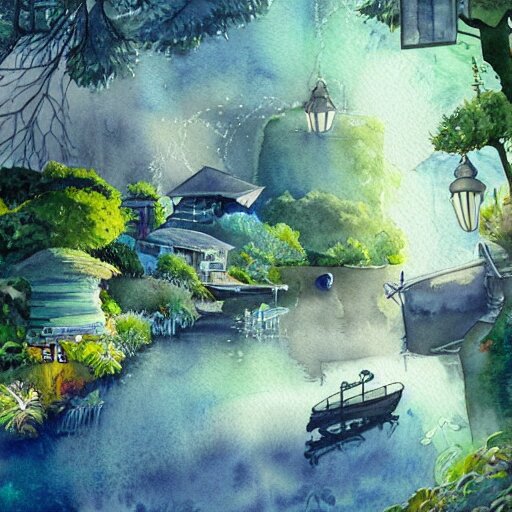 Beautiful happy picturesque charming sci-fi village in harmony with nature. Beautiful light. Water and plants. Nice colour scheme, soft warm colour. Beautiful detailed watercolor by Lurid. (2022)