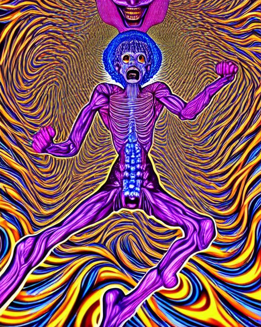 human body breaking away, conjuring psychedelic illustration, part by shintaro kago, part by alex gray, ultra realistic, highly detailed, 8 k, symmetry, fractals, grotesque, vibrant, 