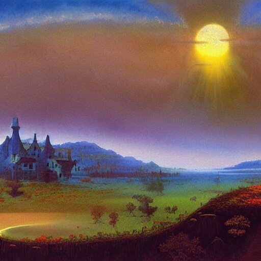 a beautiful painting renaissance painting by bob ross and lawlery botticello, panorama, psychedelic painting dark dusty village apparition, by bruce pennington and vincent jusko, watercolor, 2 d game art 