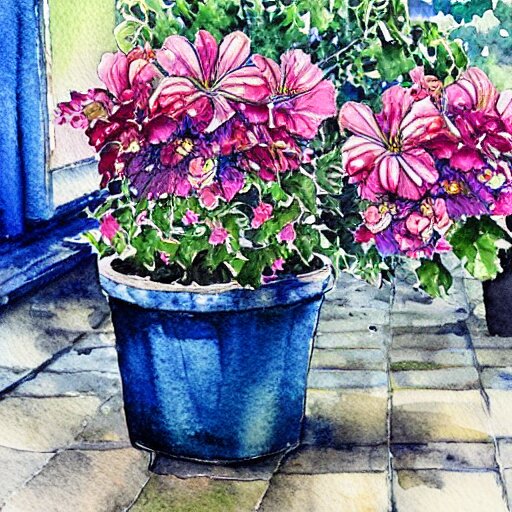 a beautifull intricate watercolor painting of potted planter with flowers inside sitting on wet sidewalk, reflexions, high details by stephanie law art 