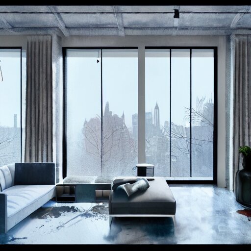 modern loft overlooking central park in a blizzard, sketch over watercolor lines, artstation, pastels, octane, unreal engine, dynamic 