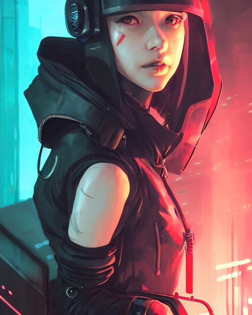 lady assassin wearing cyberpunk streetwear, respirator, cybernetic arms, detailed portrait, 4 k, vivid colours, concept art by wlop, ilya kuvshinov, artgerm, krenz cushart, greg rutkowski, pixiv. cinematic dramatic atmosphere, sharp focus, volumetric lighting, cinematic lighting, studio quality 