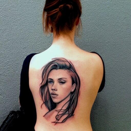 tattoo of Scarlett Johansson, sketched by Loish, back tattoo