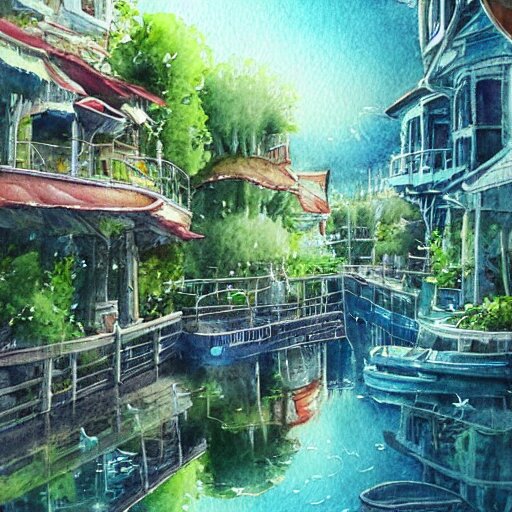 Beautiful happy picturesque charming sci-fi town in harmony with nature. Beautiful light. Water and plants. Nice colour scheme, soft warm colour. Beautiful detailed artistic watercolor by Vincent. (2060)