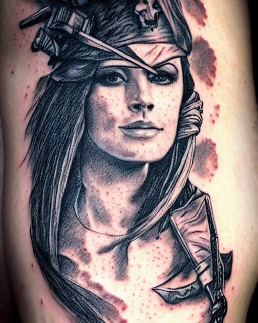 A beautiful woman warrior faded on a background of a beautiful pirate ship, realism tattoo drawing, hyper realistic, shaded