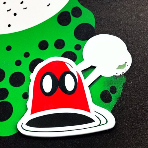 die cut sticker, yoshi wearing mario's mustache, splatter paint 