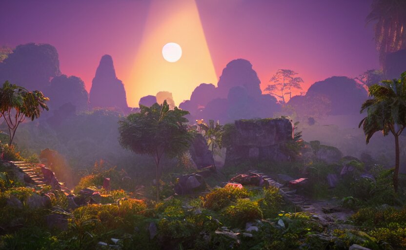 a crystal tetrahedron!!! in the middle of ancient ruins in a lush prehistoric jungle, inside a humongous cave, red and magenta flowers, sunset, godrays, orange and blue sky, haze, volumetric lighting, a high - quality render, photorealistic, unreal engine 5 