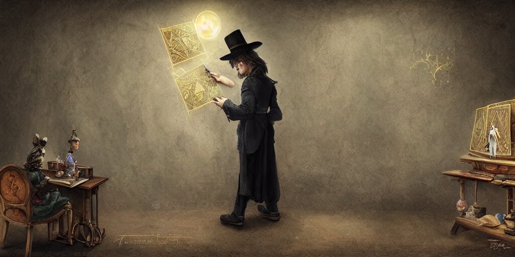 lonely aristocrat examining the mysteries of tarot cards on a magical blackboard, background is magical blackboard with chalk drawings of tarot cards,, fantasy art, matte painting, high quality, digital painting, artwork by tony sart 