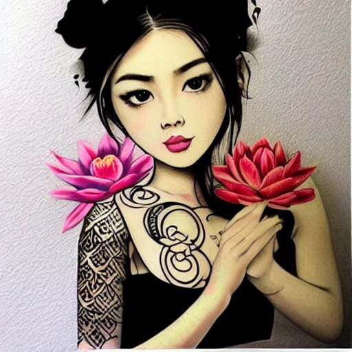 tattoo design, stencil, traditional, beautiful portrait of a Asian girl with flowers in her hair, upper body, by artgerm, artgerm, digital art, cat girl, sexy