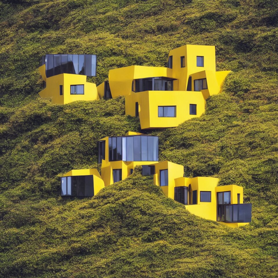 a tiny flat horizontal house on a cliff, designed by Frank Gehry. Big tiles. Small wooden pathway . Film grain, cinematic, yellow hue