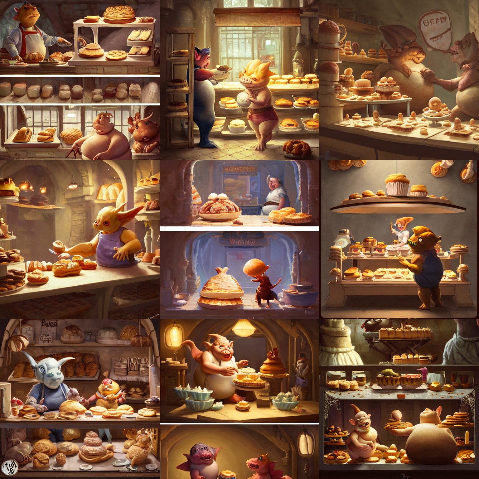 cute scene inside a fantasy bakery, a short fat obese kobold baker wearing an apron and round belly is selling pastries to a pretty goblin, intricate, highly detailed, artstation, concept art, smooth, sharp focus, natural lighting, art by artgerm and greg rutkowski 