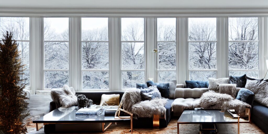 wide angle photograph, atmospheric, outside window ice winter snow, detailed, realistic lighting, sunlight, reflections, award winning contemporary interior design by kelly wearstler and nate berkus, living room, city apartment, cozy calm! fabrics textiles, books, paintings, colorful accents, brass copper, many light sources, lamps, oiled hardwood floor, plants, book shelves, couch, desk, mirrors 