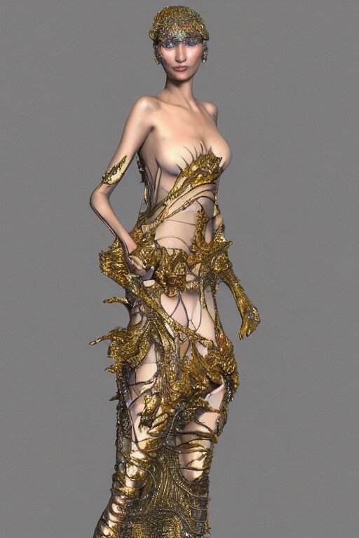 a highly detailed 3 d render painting of a beautiful alien goddess bella hadid in iris van herpen dress schiaparelli in diamonds in style of alphonse mucha trending on artstation made in unreal engine 4 