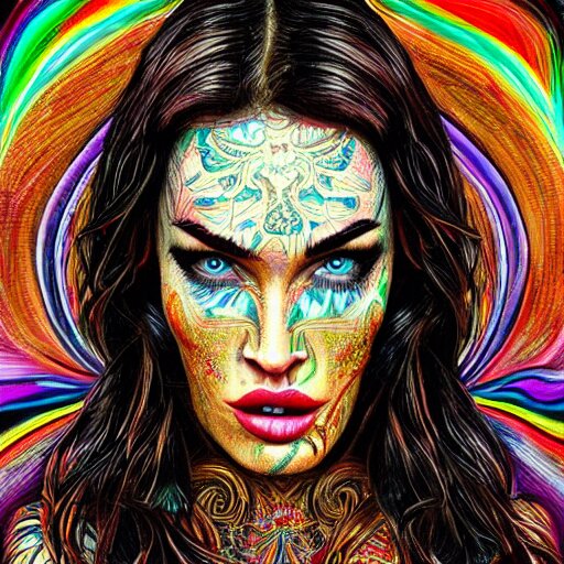 an extremely psychedelic portrait of megan fox as mgk, surreal, lsd, face, detailed, intricate, elegant, lithe, highly detailed, digital oth, sharp focus, illustration, 