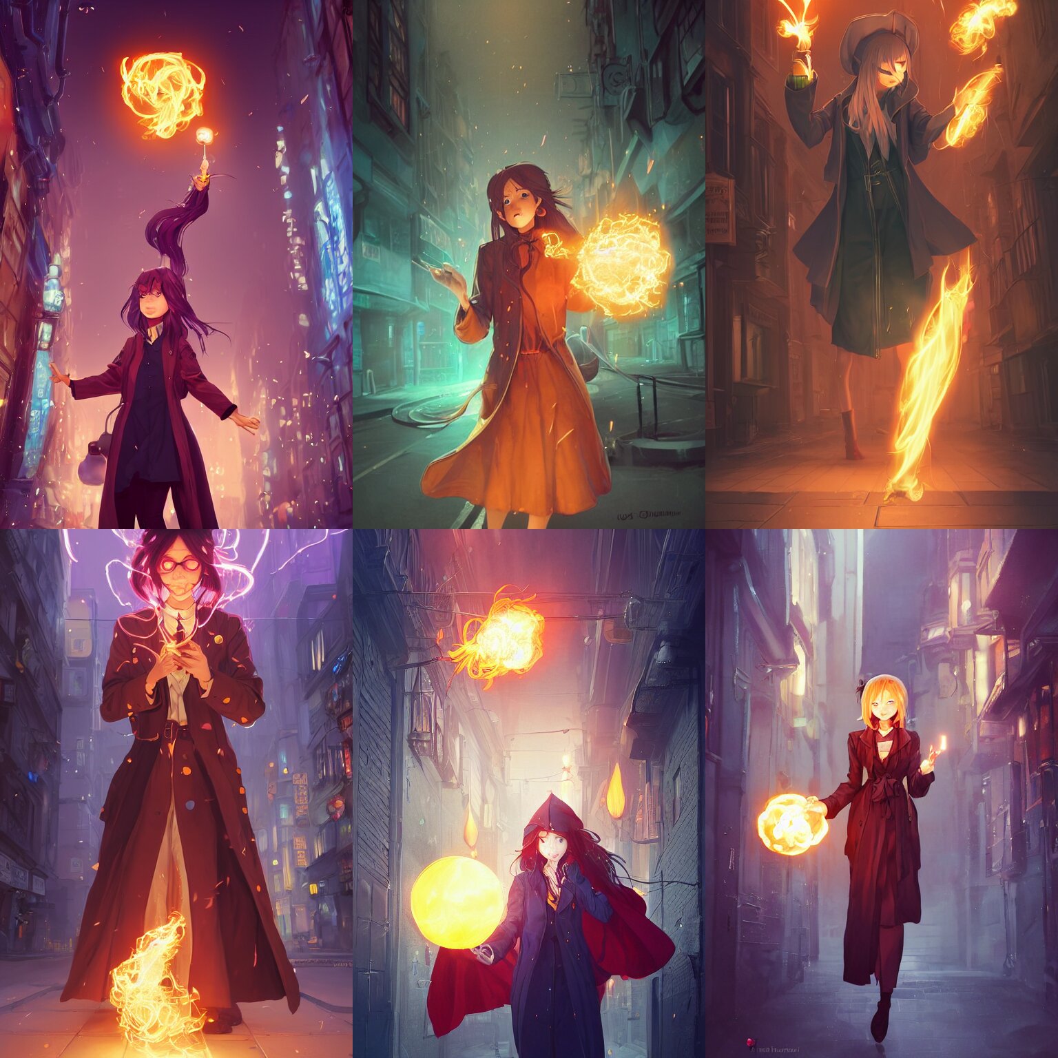 a portrait of a cute female wizard wearing a flowing very stylish trenchcoat, holding a glowing fireball in her hand, fireball lighting her face from below, embers, urban fantasy setting, narrow street, vivid colors, warm lighting, atmospheric, cinematic, moody, in the style of Ilya Kuvshinov and Range Murata, Krenz Cushart, rule of thirds, oil on canvas, 8k