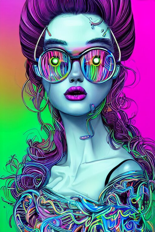 a award winning portrait of a beautiful woman with stunning eyes in a one off shoulder croptop and cargo pants with rainbow colored hair, outlined by whirling illuminated neon lines and fine lines swirling in circles by joe fenton, digital art, trending on artstation 