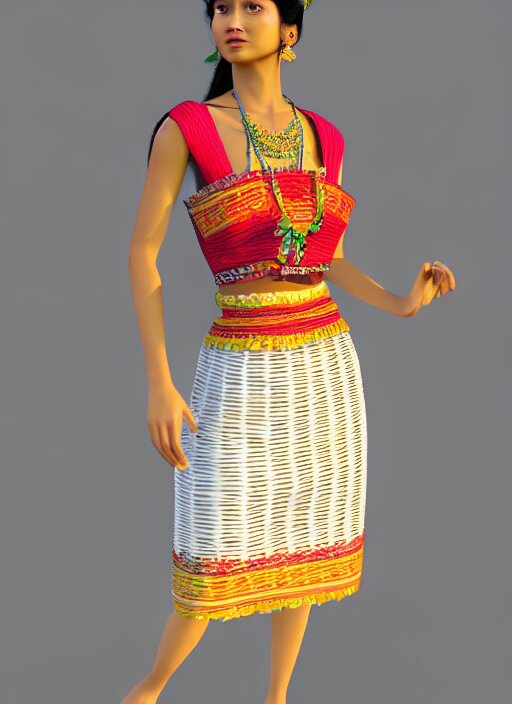 beautiful summer assamese mekehela bihu style floral dress, flirtatious, boho - chic, sleeveless, elegant, short skirt length, slimmer demeanor, plethora of colors ; mini dress ; highly detailed cute face by wlop ; 3 6 0 rotation reference ; octane render, unreal engine 5, trending on artstation, 8 k high resolution, global illumination ray tracing ; symmetrical, cinematic, high coherence, hdr fabric textures 