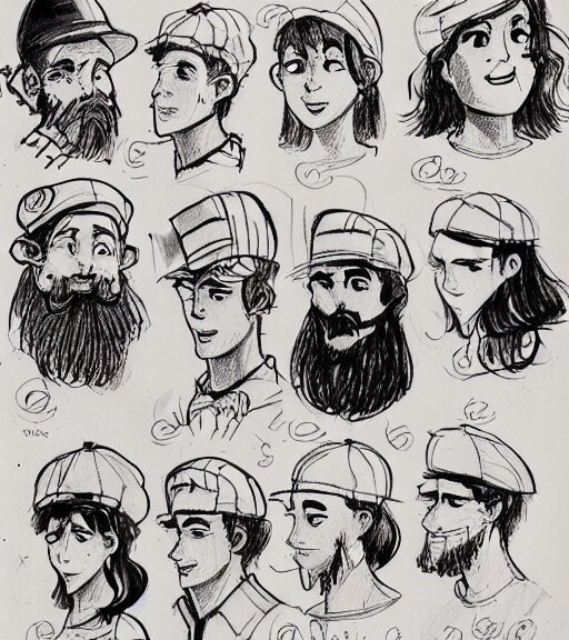 full page scan of many character design sketches. young man,  young mother, man with beard. Everyone has pale grey eyes. sailor caps, German, tapa, simple clothing.  in the style of Jillian Tamaki and Richard Corben. costume designs, pleasant faces, nature colors