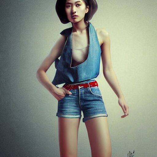 gracefully enchanting studio portraiture of finely fashionable, elegantly dressed, stunning reserved young uzbek model who is slender, tank top, denim shorts. digital art by killian eng and range murata 