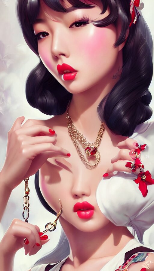 a pin up and beautiful fashion and charming and dreamlke asian girl with lv jewelry, medium shot, art by artgerm & ross tran & wlop, hyperdetailed, 8 k realistic, symmetrical, frostbite 3 engine, cryengine, dof, trending on artstation, digital art 