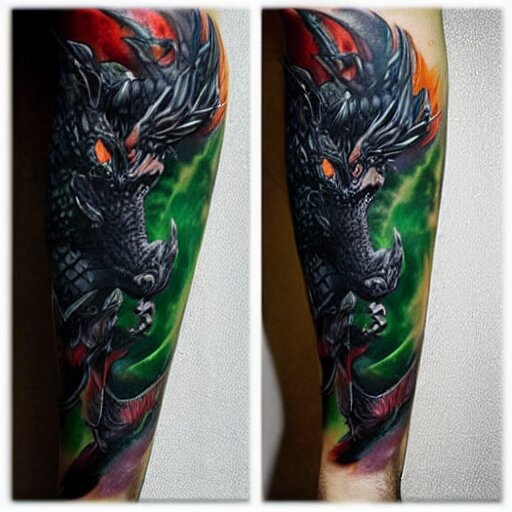 dark and vibrant fantasy dragon!!! drake wyvern, black and emerald dragon!!, forearm tattoo