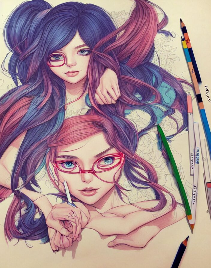 richly detailed color  illustration of a female stupid drawing demented doodles on her school work while in class alone after school, large format image. illustrated by Artgerm. 3D shadowing.