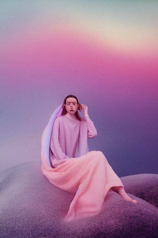 high quality pastel coloured film close up wide angle photograph of a model wearing clothing resting on cloud furniture in a icelandic black rock!! environment in a partially haze filled dreamstate world. three point light, rainbow. photographic production. art directed. pastel colours. volumetric clouds. pastel gradient overlay. waves glitch artefacts. extreme facial clarity. 8 k. filmic. 