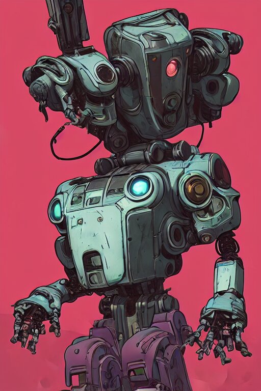 a study of cell shaded portrait of a mech robot as Borderlands 3 concept art, llustration, post grunge, concept art by josan gonzales and wlop, by james jean, Victo ngai, David Rubín, Mike Mignola, Laurie Greasley, highly detailed, sharp focus, alien, Trending on Artstation, HQ, deviantart, art by artgem