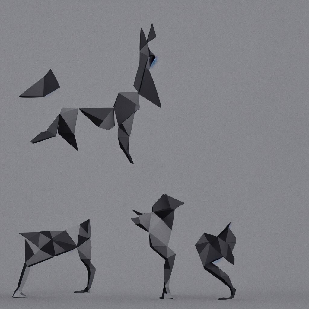 3 d render of chinese tangram of german shepherd figure made of dark gray pieces on light gray background, 2 d image 