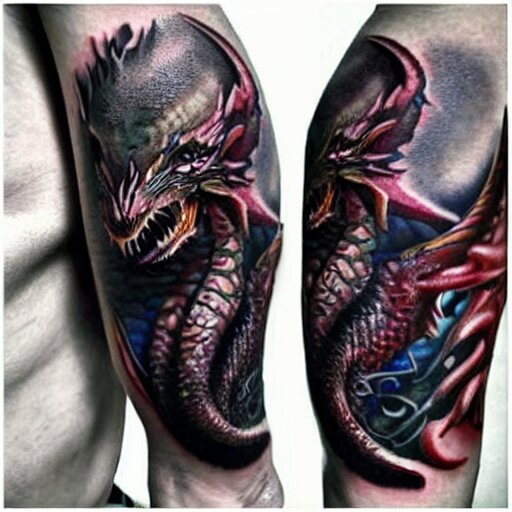 dark and vibrant spiraling fantasy dragon drake wyvern, forearm tattoo