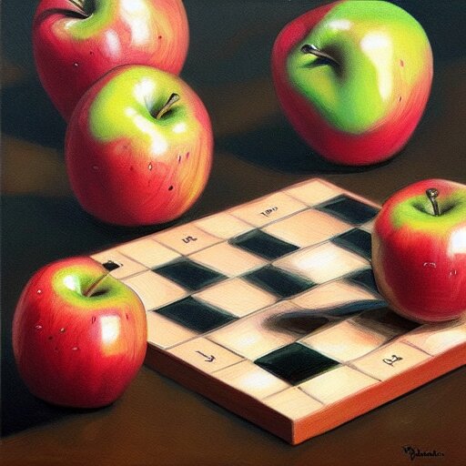 two apples playing chess, realistic oil paint 