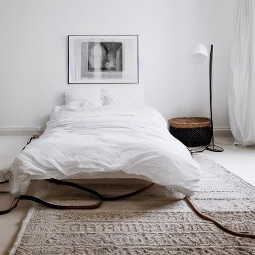 centered minimalist clean spacious empty bright mockup photo of a large blank frame on floor with thin light wooden frame moulding, white background wall, light boho carpet, white furniture, white minimalist lamps, white pillows, trending on pinterest 