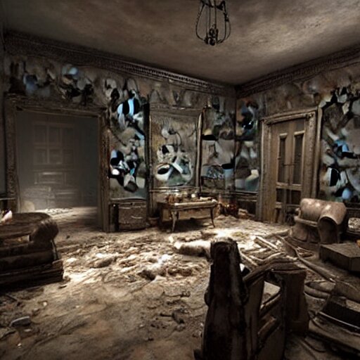 room of a dark mansion, objects from ritual in the ground, realistic, highly detailed, hd, unreal engine, background of resident evil game 