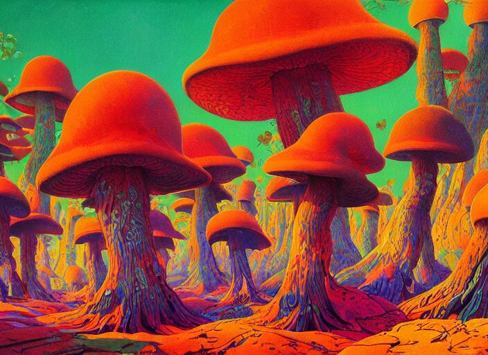 A psychedelic portrait of you are attacked by a group of crooked mushroom theurges , vibrant color scheme, highly detailed, in the style of romanticism, cinematic, artstation, Moebius, Greg rutkowski futurism, no blur, 4k resolution, sharp ages, ultra detailed, style of John Berkey, Norman Rockwell, Hans Thoma, Ivan Shishkin, Tyler Edlin, Thomas Kinkad