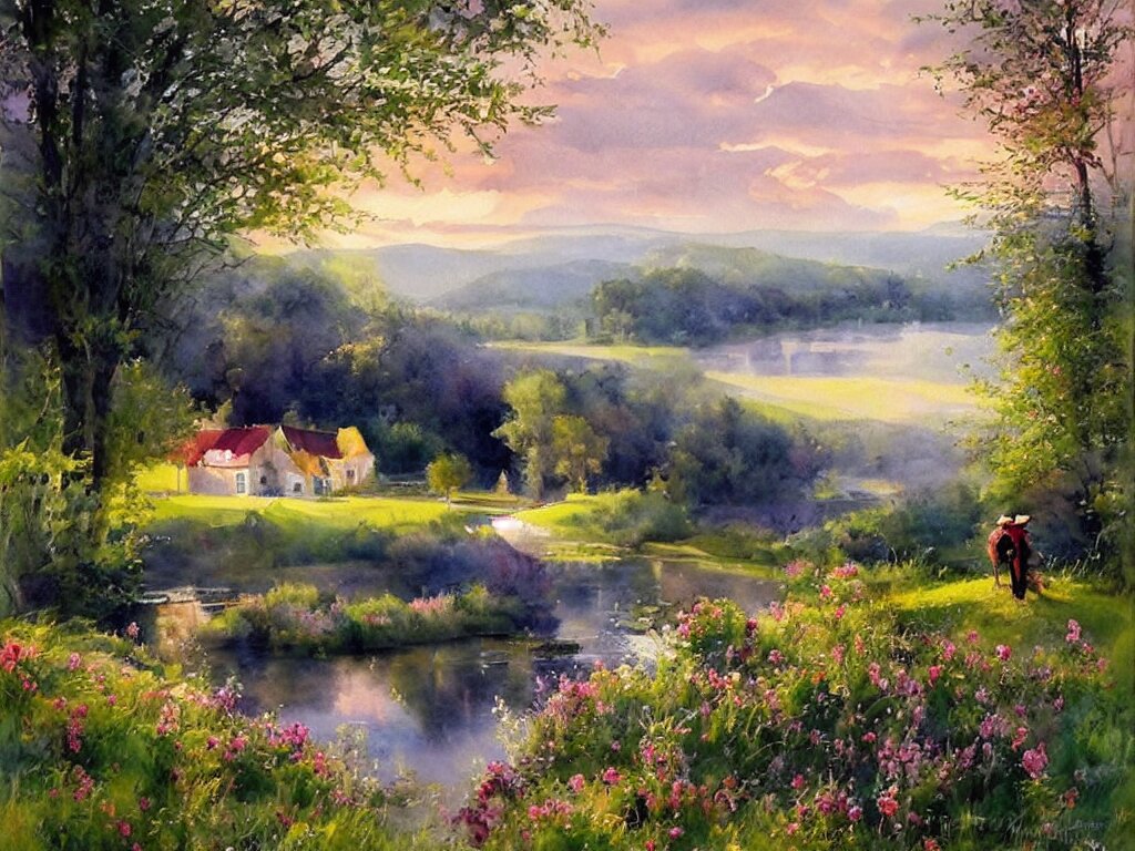 A beautiful night in the swedish countryside, watercolor painting by Vladimir Volegov