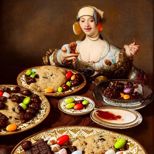 opulent banquet of plates of freshly baked chocolate chip cookies and jelly beans, chocolate sauce, marshmallows, delicious, glistening, highly detailed, food photography, art by rembrandt 