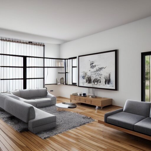 A modern living room with 2 sofas facing each other with a white marble table in the center, on the left side of the living room there is a floor to ceiling glass window while on the right side of the living room there are wooden stairs that lead to the second floor, 8k resolution