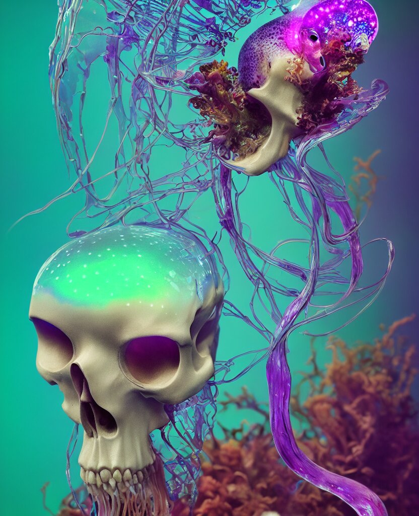 close-up portrait of skull dichroic orchid jellyfish skull, betta fish, bioluminiscent creatures, intricate artwork by Tooth Wu and wlop and beeple. octane render, trending on artstation, greg rutkowski very coherent symmetrical artwork. cinematic, hyper realism, high detail, octane render, 8k