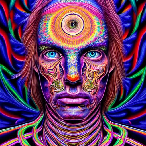 An extremely psychedelic portrait of Alex Gray, surreal, LSD, face, detailed, intricate, elegant, lithe, highly detailed, digital painting, artstation, concept art, smooth, sharp focus, illustration