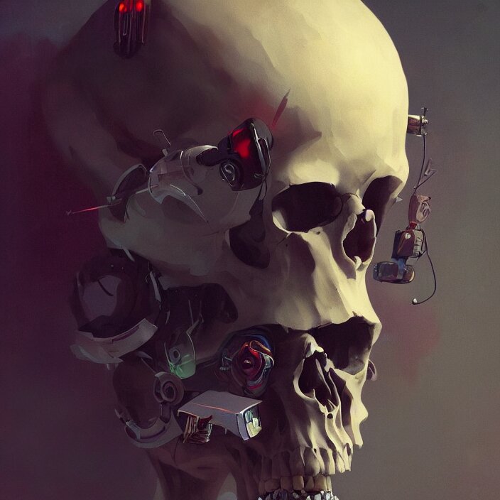 a beautiful painting of a cyberpunk skull by sergey kolesov and pascal blanche and rhads and tony skeor. in style of film noir illustration, symmetry, sci fi, hyper detailed. octane render. trending on artstation 